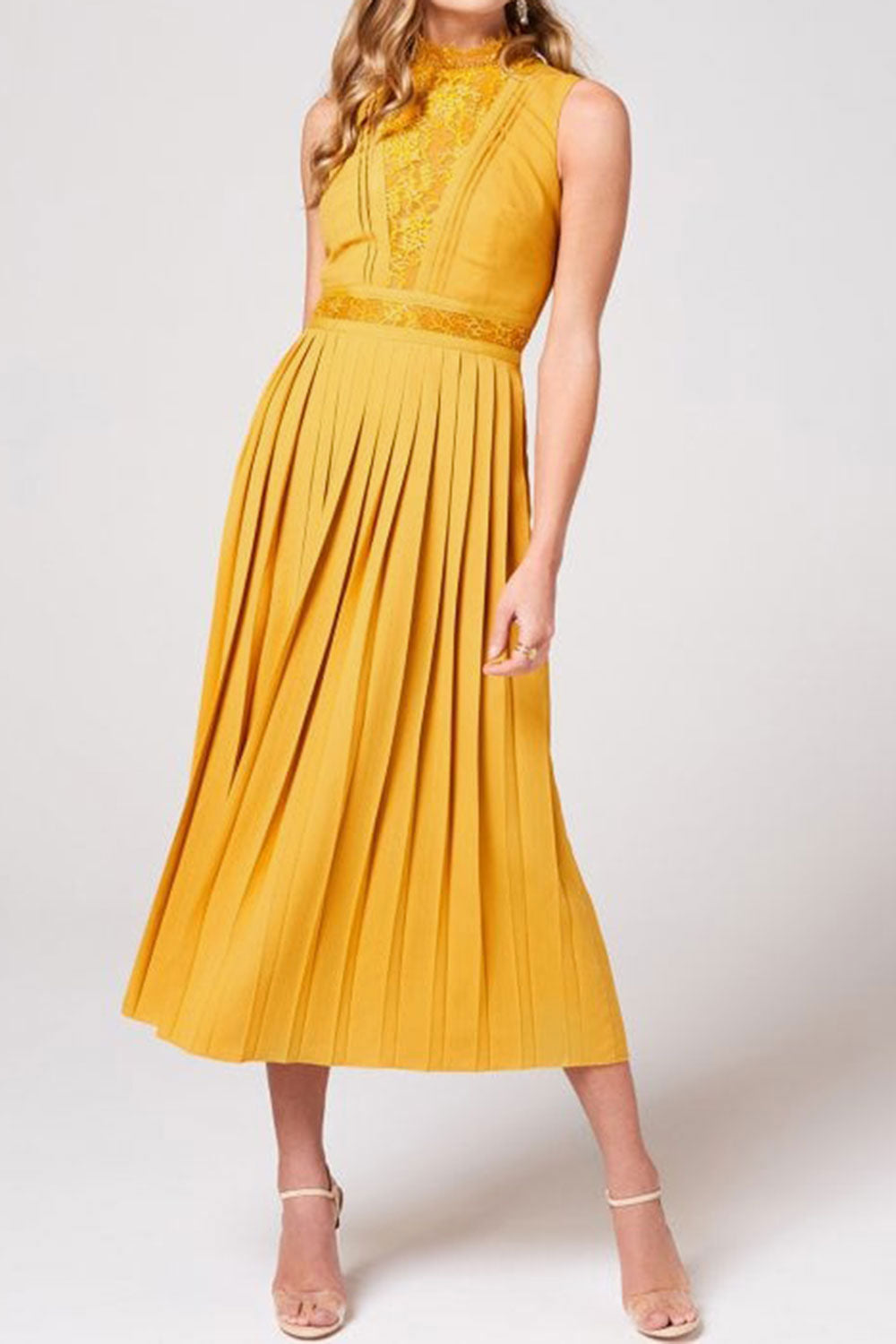 レースパネルプリーツマキシレングスドレスマスタードイエローSサイズ