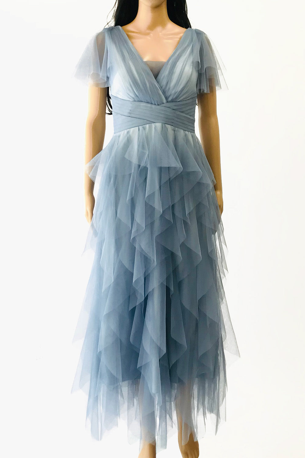 フリルスリーブウォーターフォールミディドレスブルーグレーMサイズ