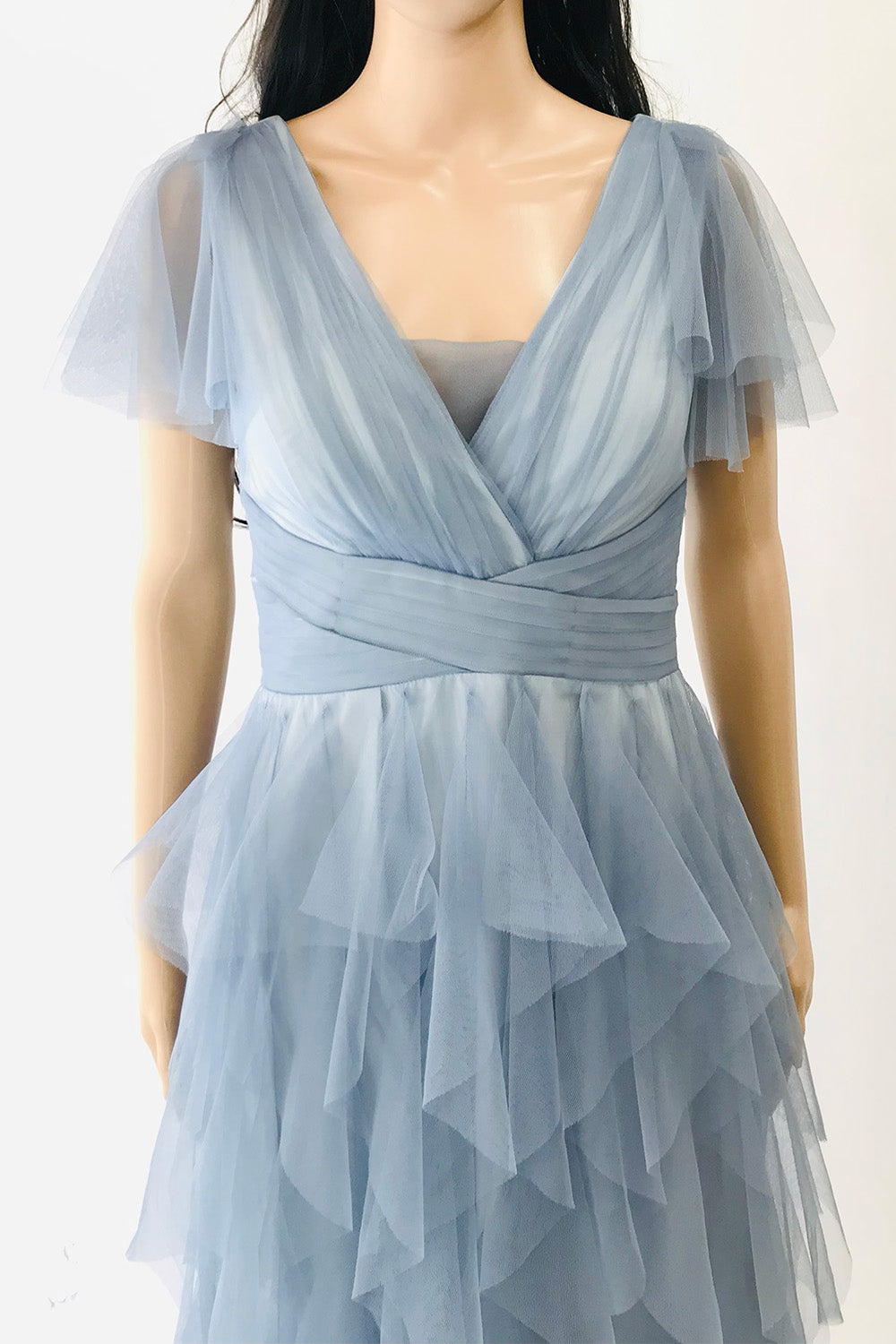 フリルスリーブウォーターフォールミディドレスブルーグレーSサイズ