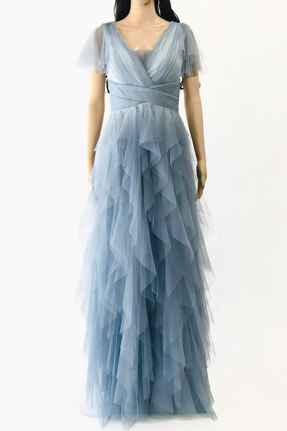 フリルスリーブウォーターフォールロングドレスブルーグレーSサイズ