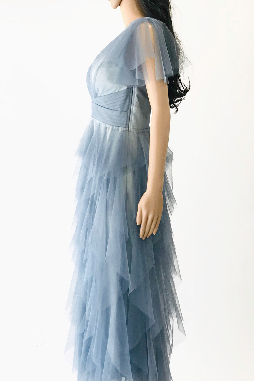 フリルスリーブウォーターフォールロングドレスブルーグレーMサイズ