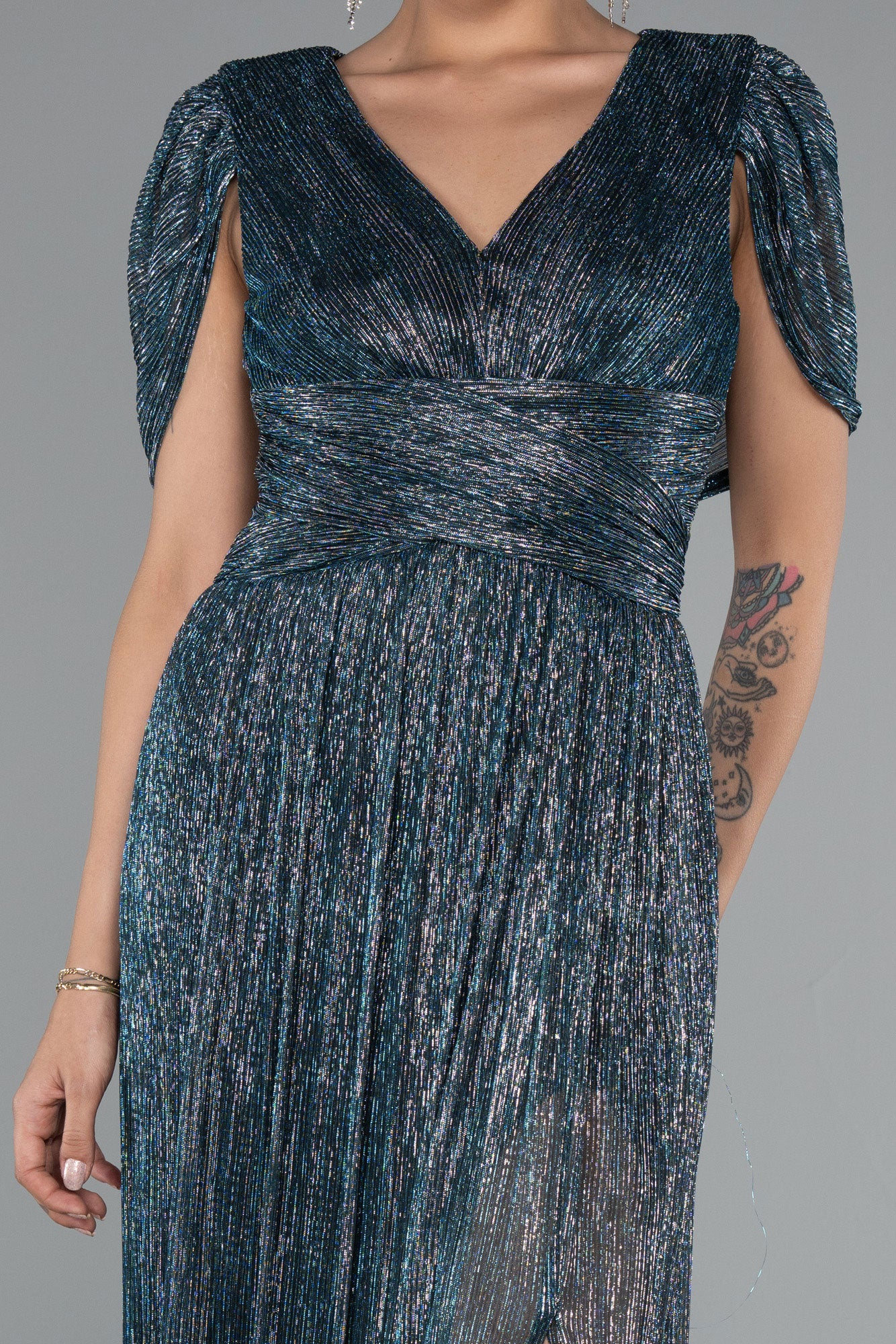 ディープオーシャンドレープバックロングドレスS(36)サイズ