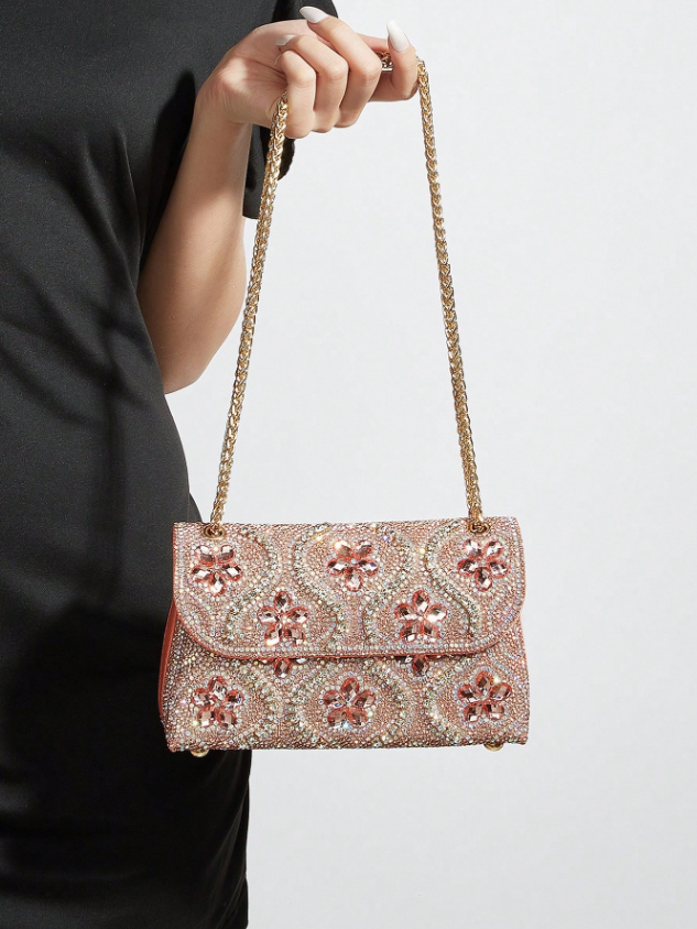 フラワーストーンデコクラッチピンク