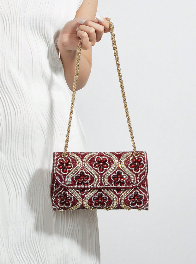 フラワーストーンデコクラッチレッド