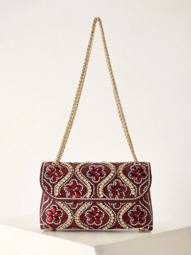 フラワーストーンデコクラッチレッド