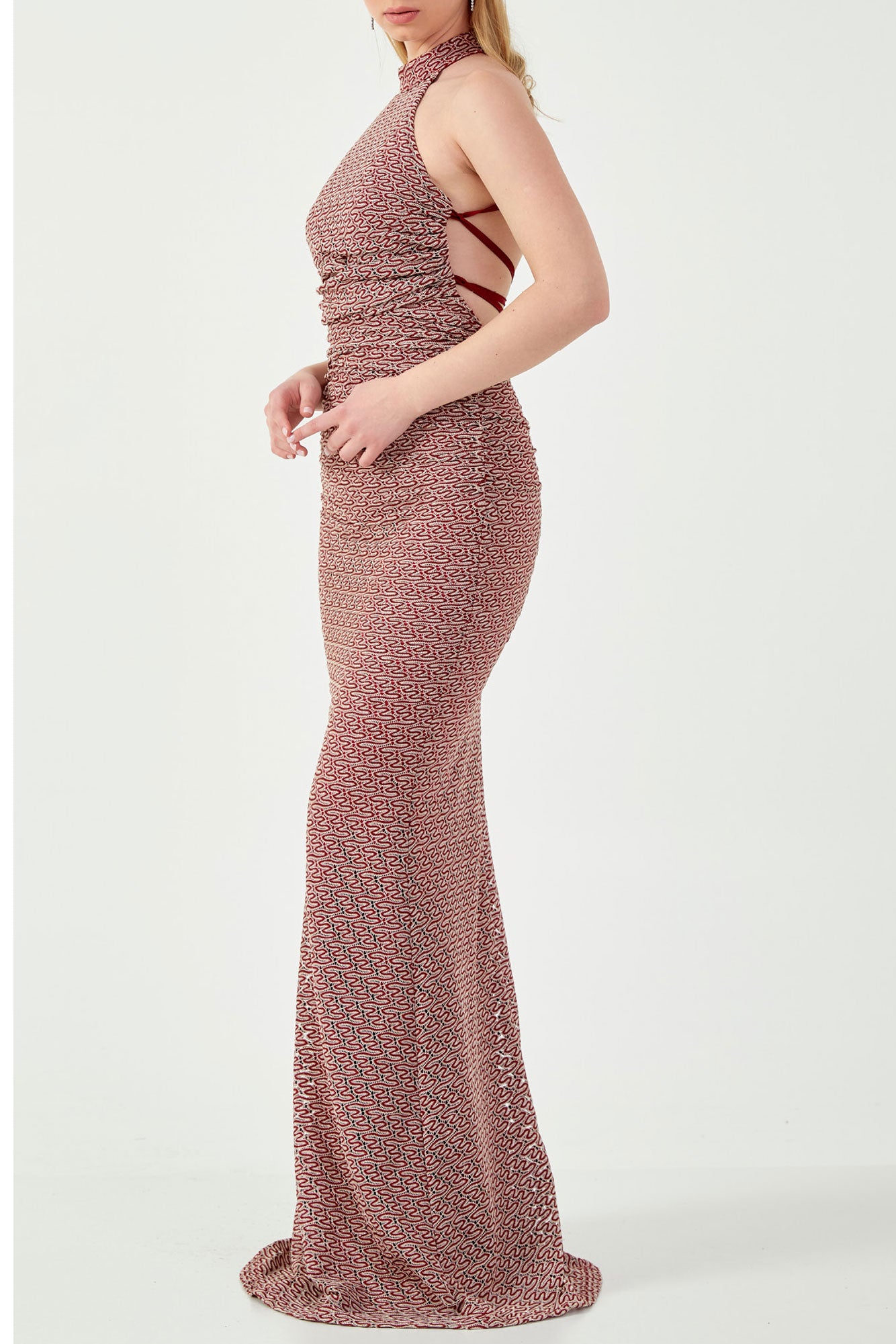 ウェーブパターンホルターネックロングドレスブラックLサイズ(42)