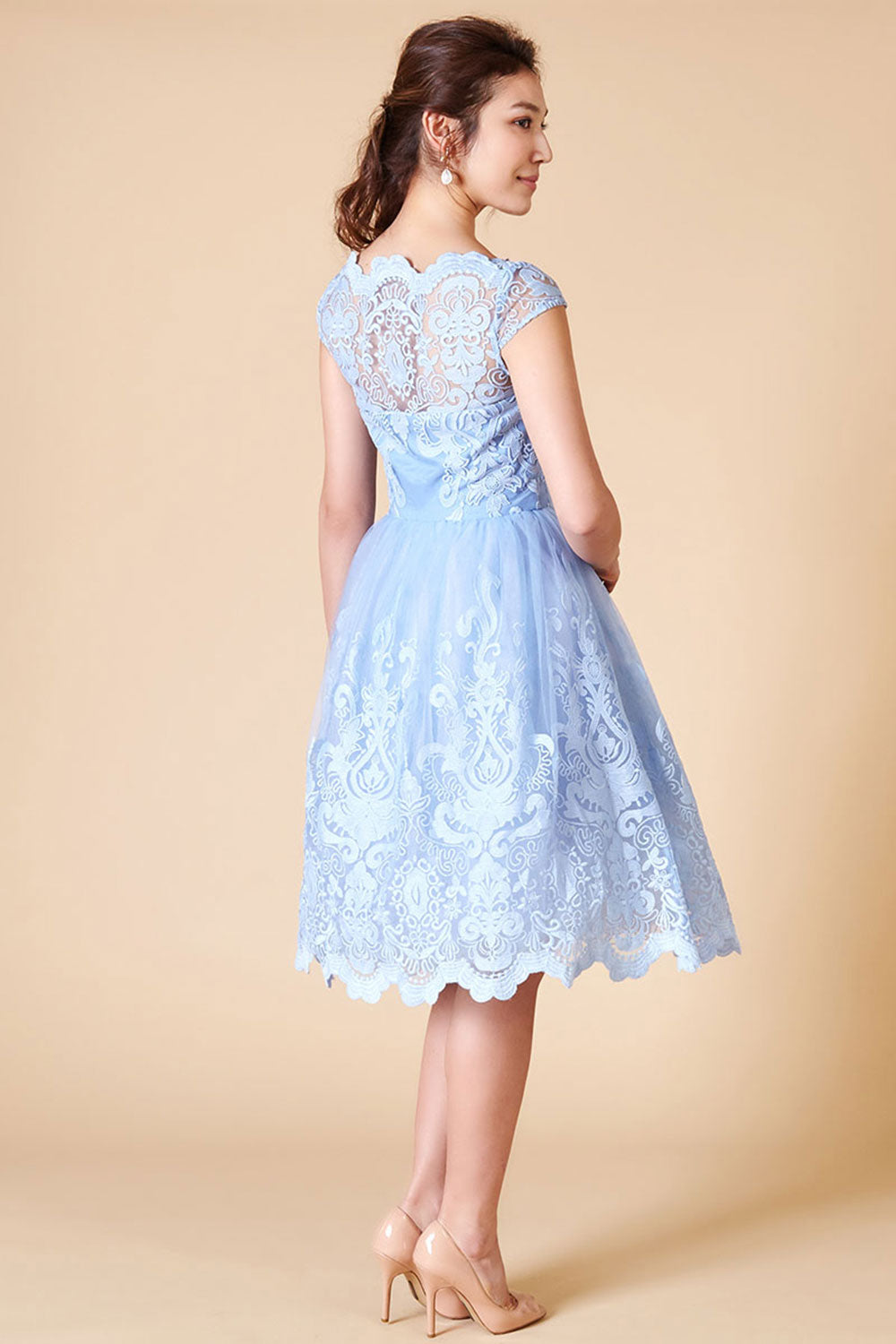Coast* サテンレース ボートネック フルートスリーブ ドレス バルーンスリーブ刺繍ドレス(ネイビー)H1-392NA-XL | OTONA DRESS