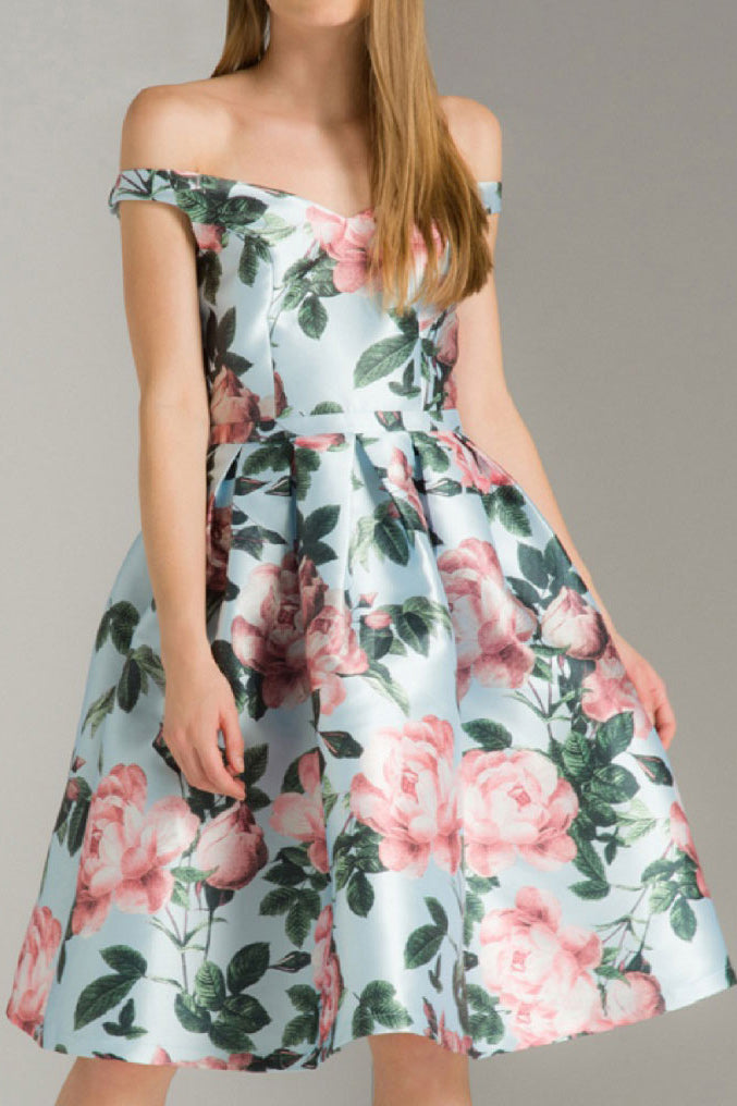 フローラルプリントミディドレスライトブルーSサイズ