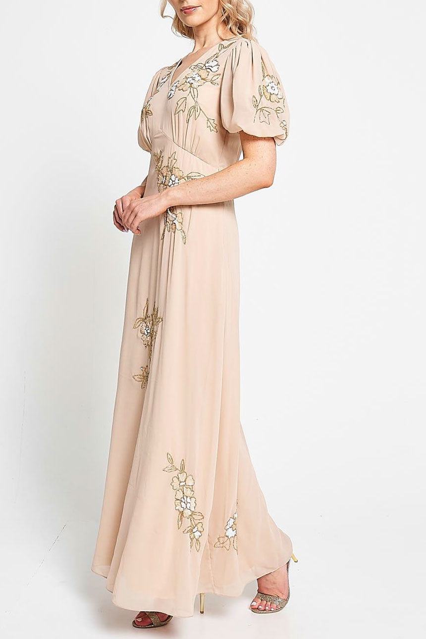 VネックパフスリーブロングドレスベージュSサイズ