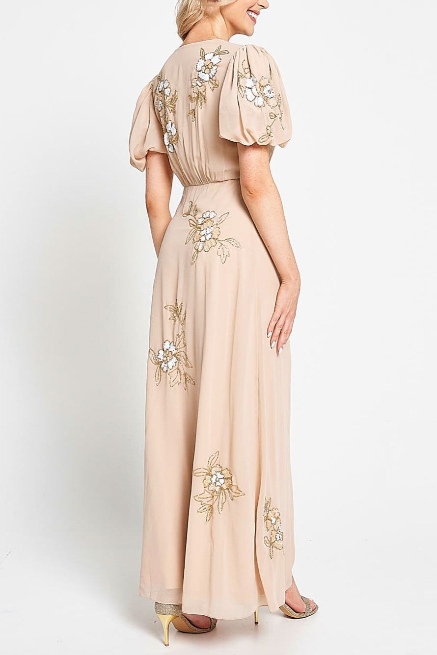 VネックパフスリーブロングドレスベージュSサイズ