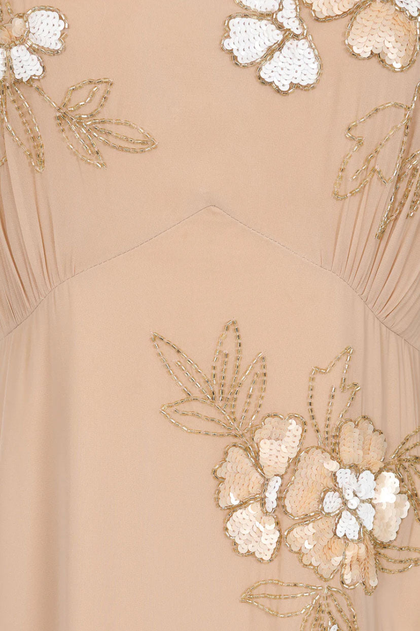 VネックパフスリーブロングドレスベージュMサイズ