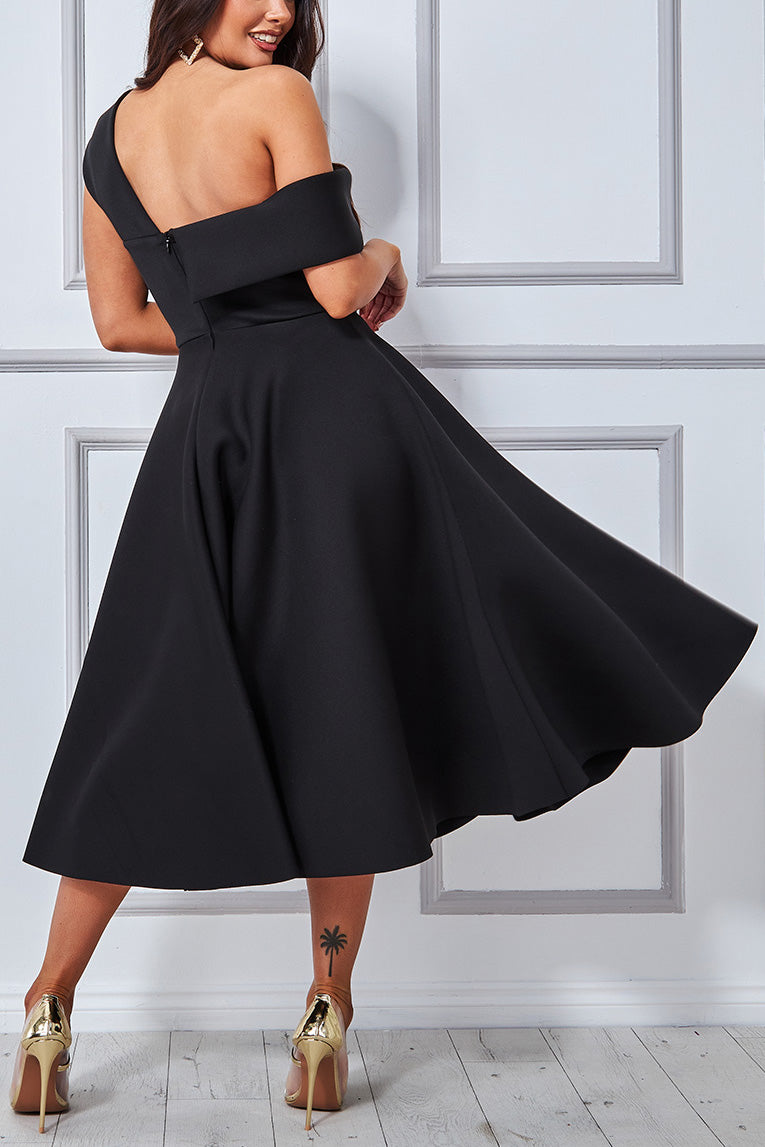 ボンディングアシンメトリーショルダーミディドレスブラックMサイズ