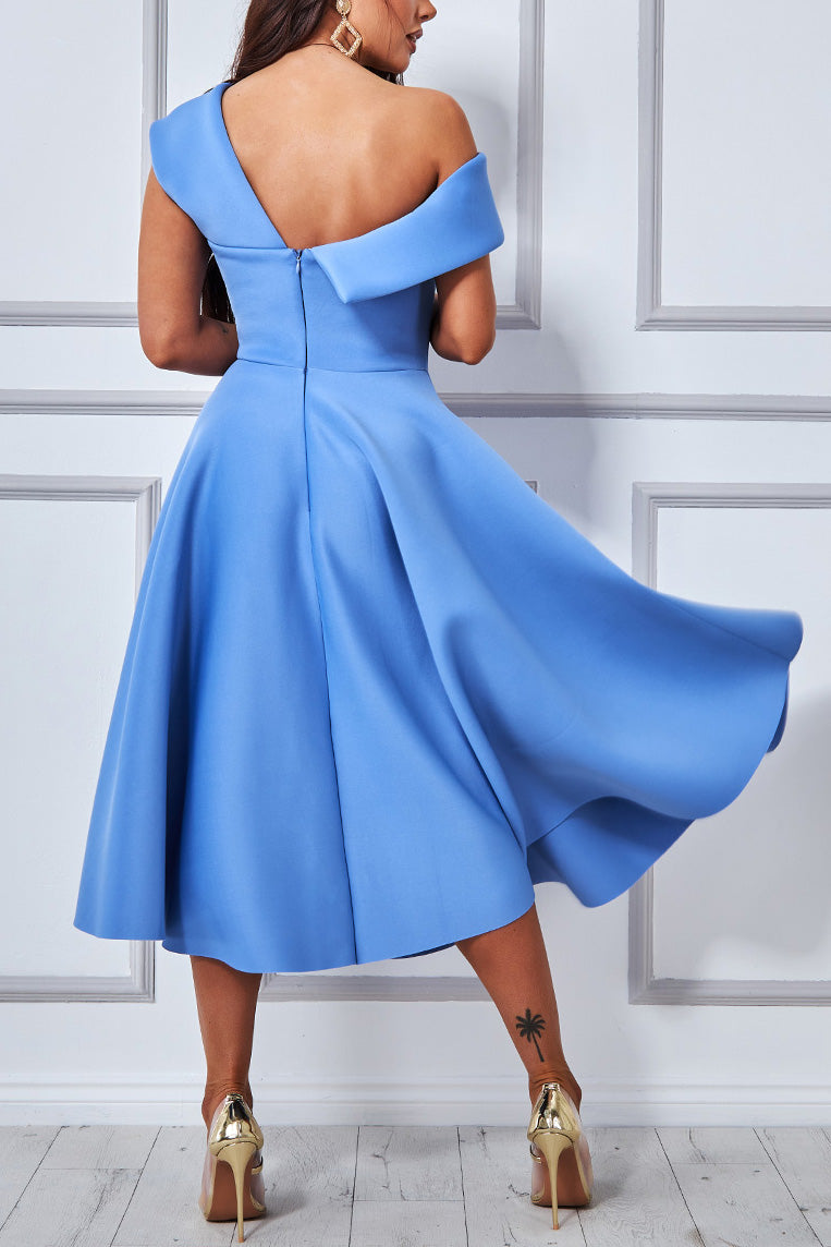 ボンディングアシンメトリーショルダーミディドレスブルーMサイズ