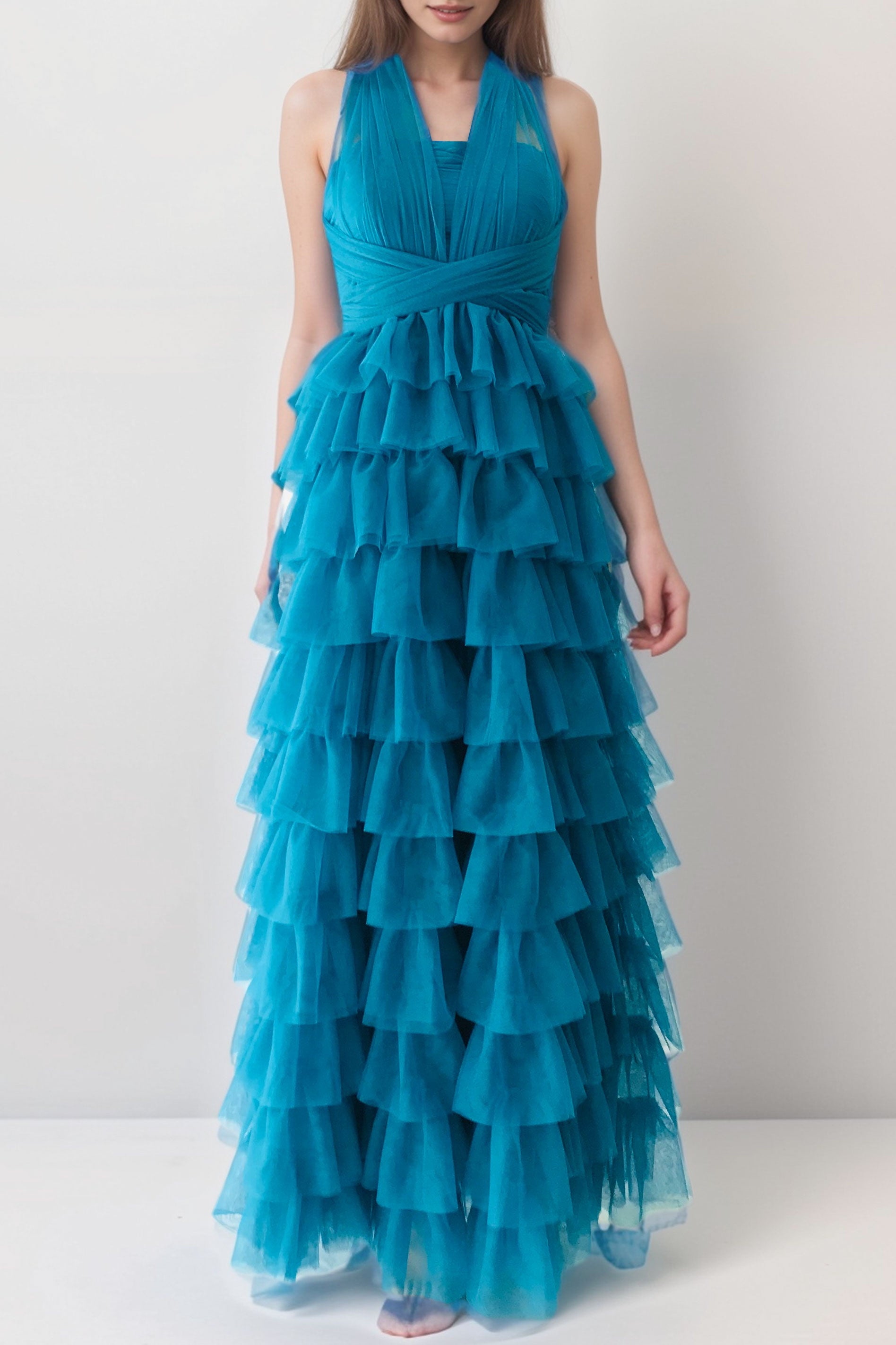 ボリュームティアードロングドレスグリーンMサイズ