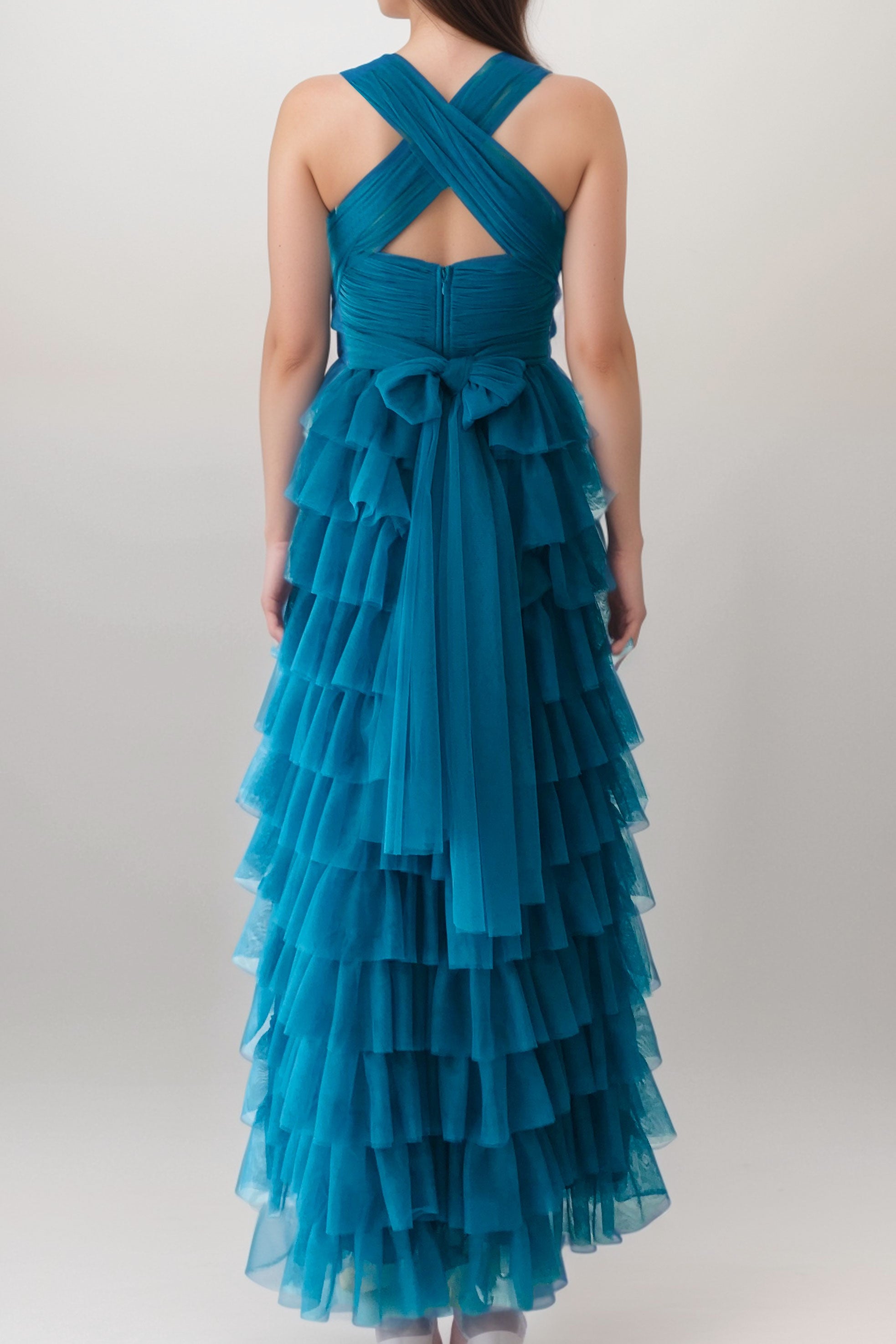 ボリュームティアードロングドレスグリーンMサイズ