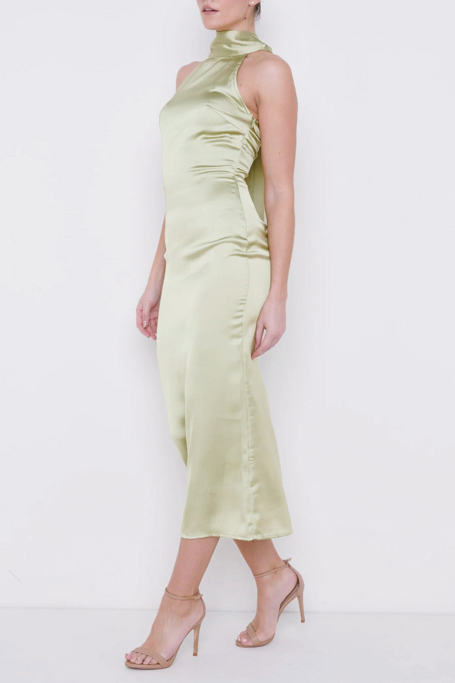 サテンスタンドネックミディドレスグリーンSサイズ