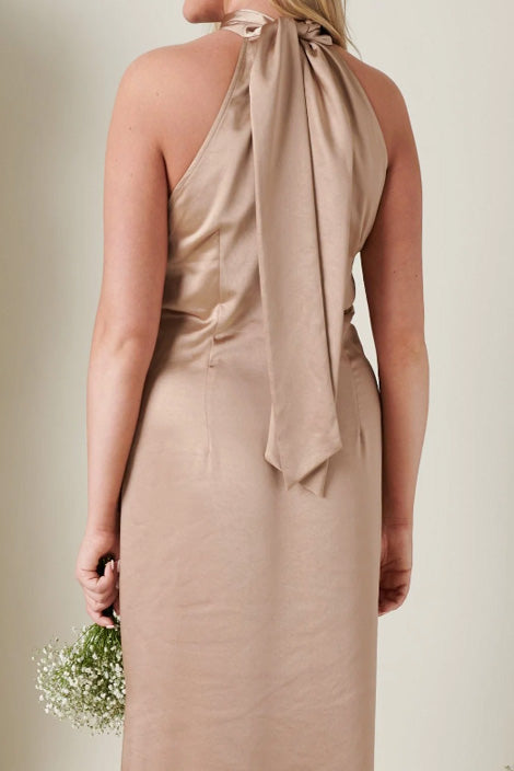 サテンスタンドネックミディドレスゴールドSサイズ