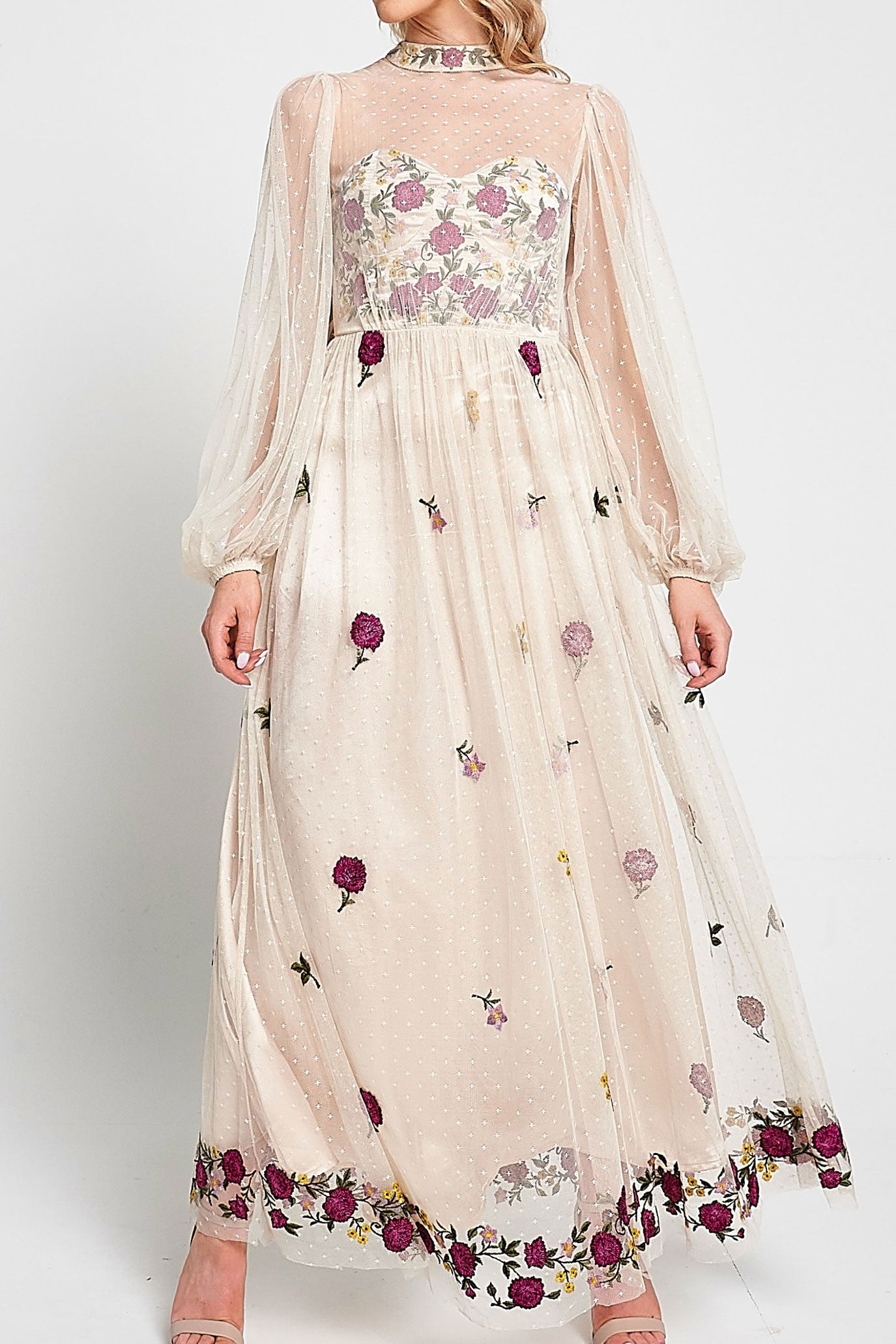 エンブロイダリースタンドネックロングドレスオフホワイトSサイズ