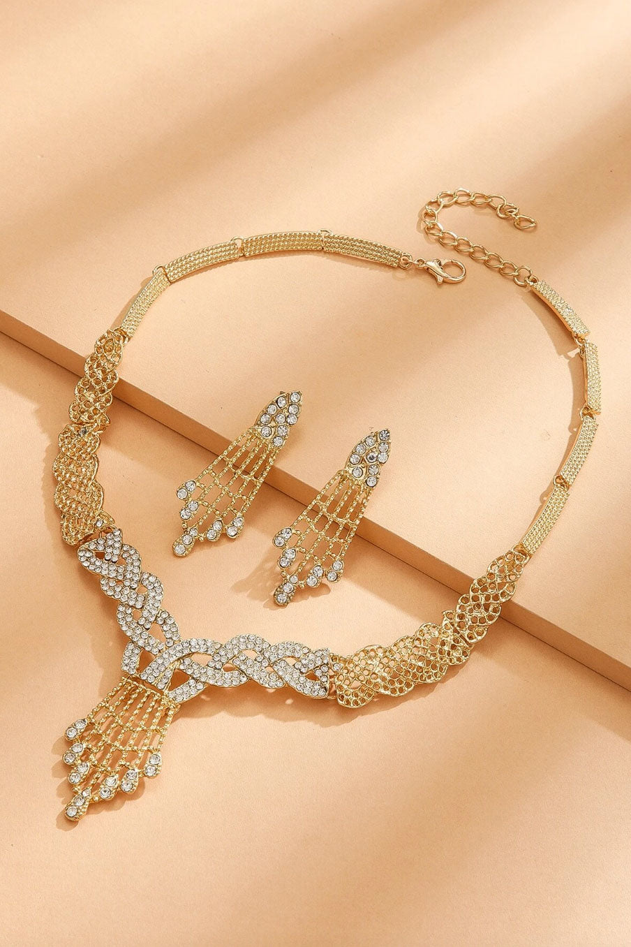 ラインストーンゴールド×シルバーネックレスピアスセット