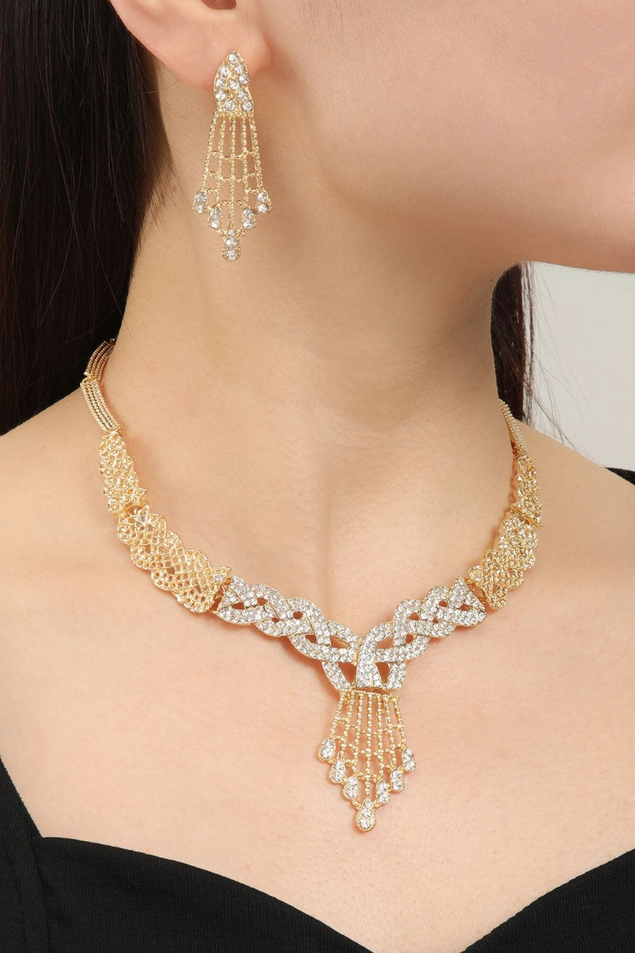 ラインストーンゴールド×シルバーネックレスピアスセット