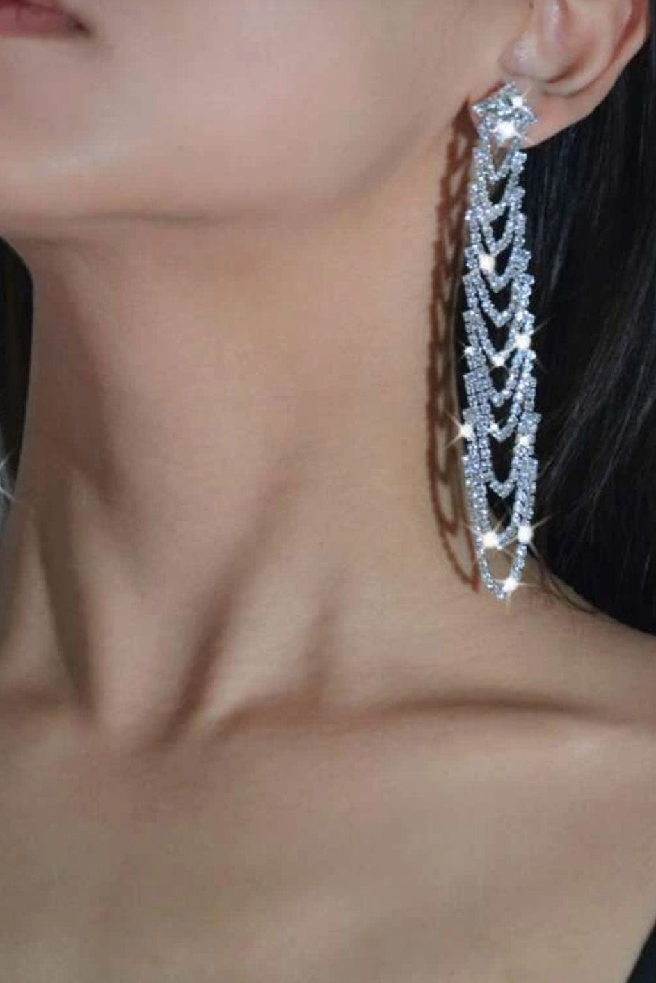 ラインストーンレイヤーロングピアスシルバー