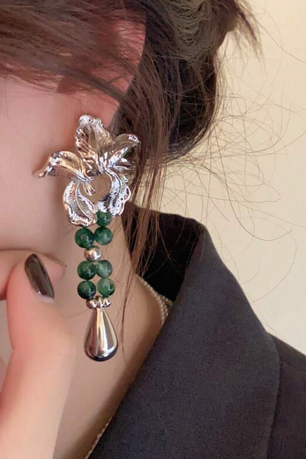 メタルフラワー×ビーズドロップピアスシルバー