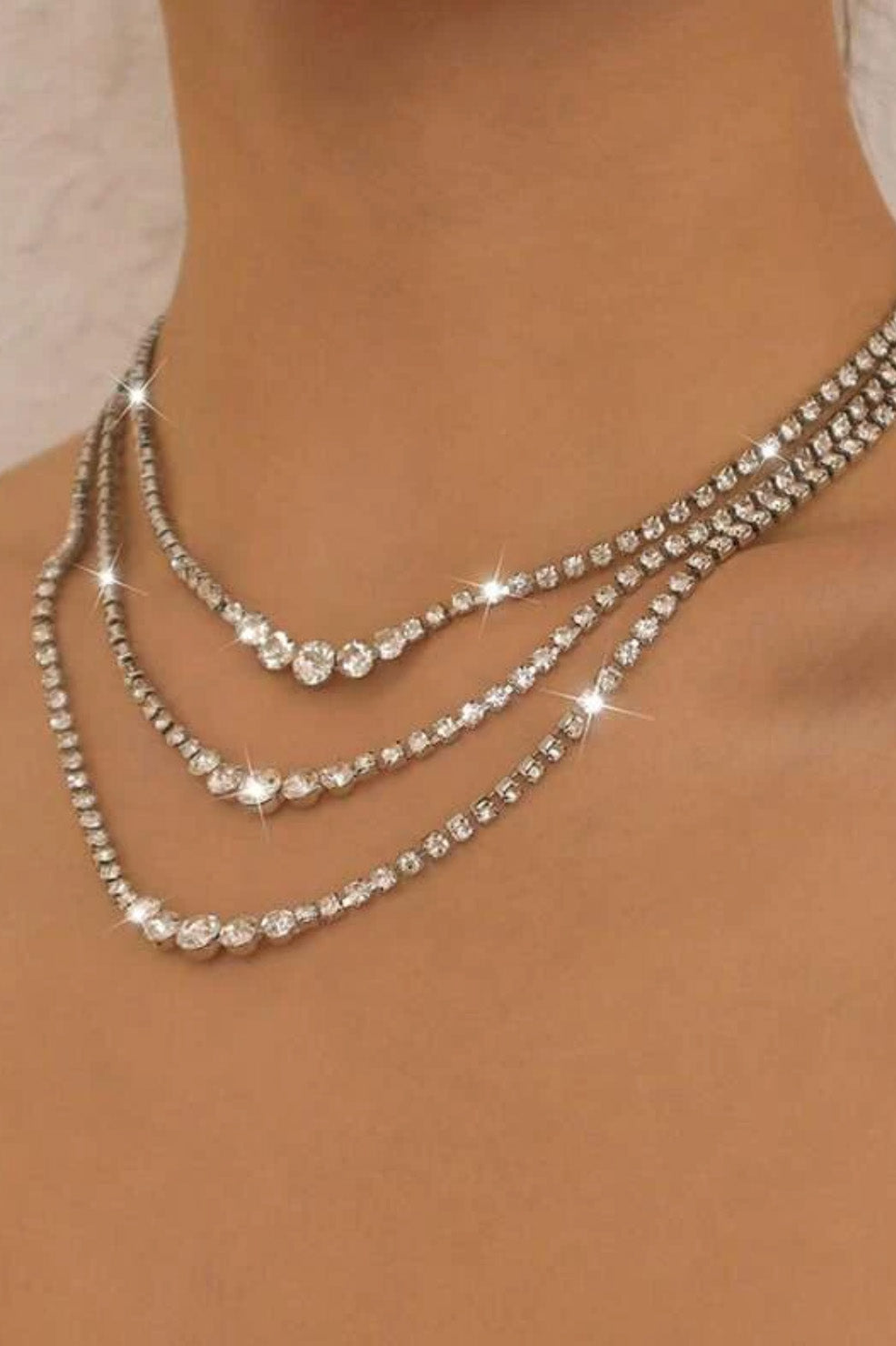 ラインストーンレイヤードネックレスシルバー