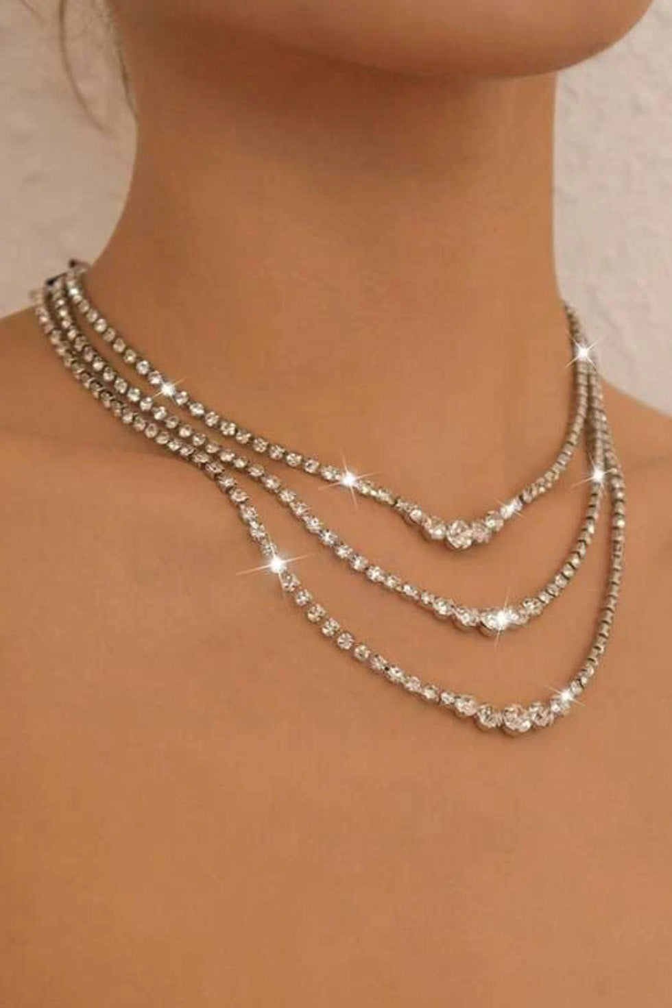 ラインストーンレイヤードネックレスシルバー