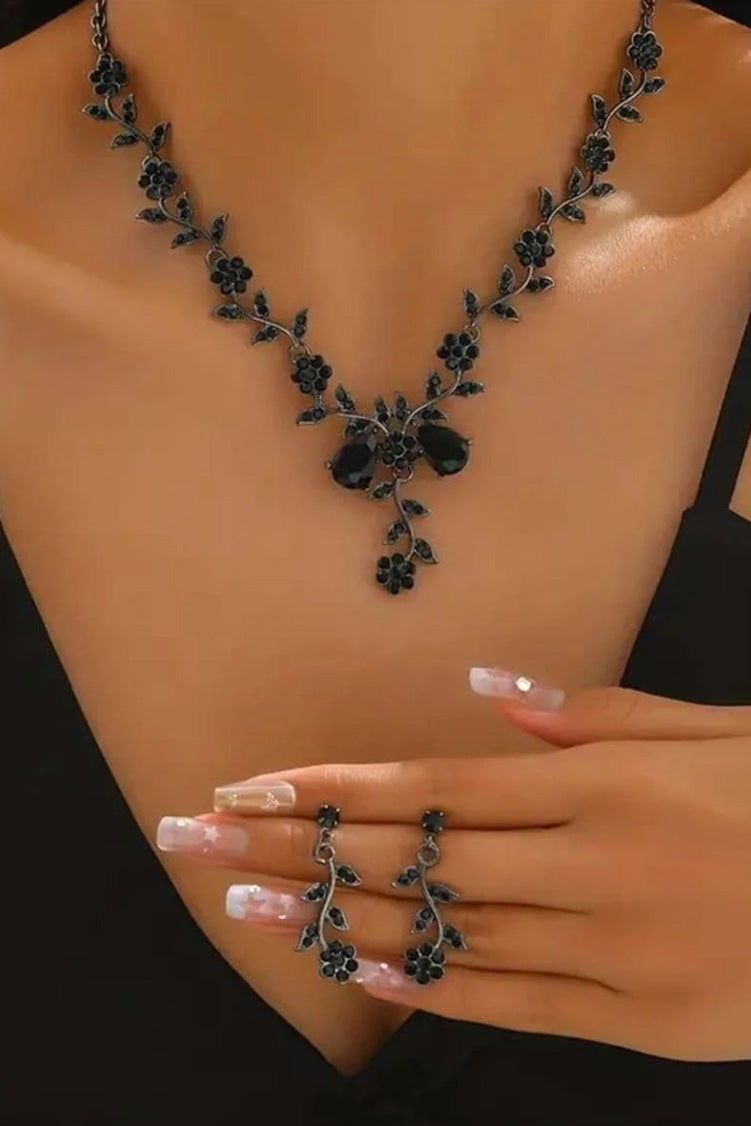 フラワーネックレスピアスセットブラック