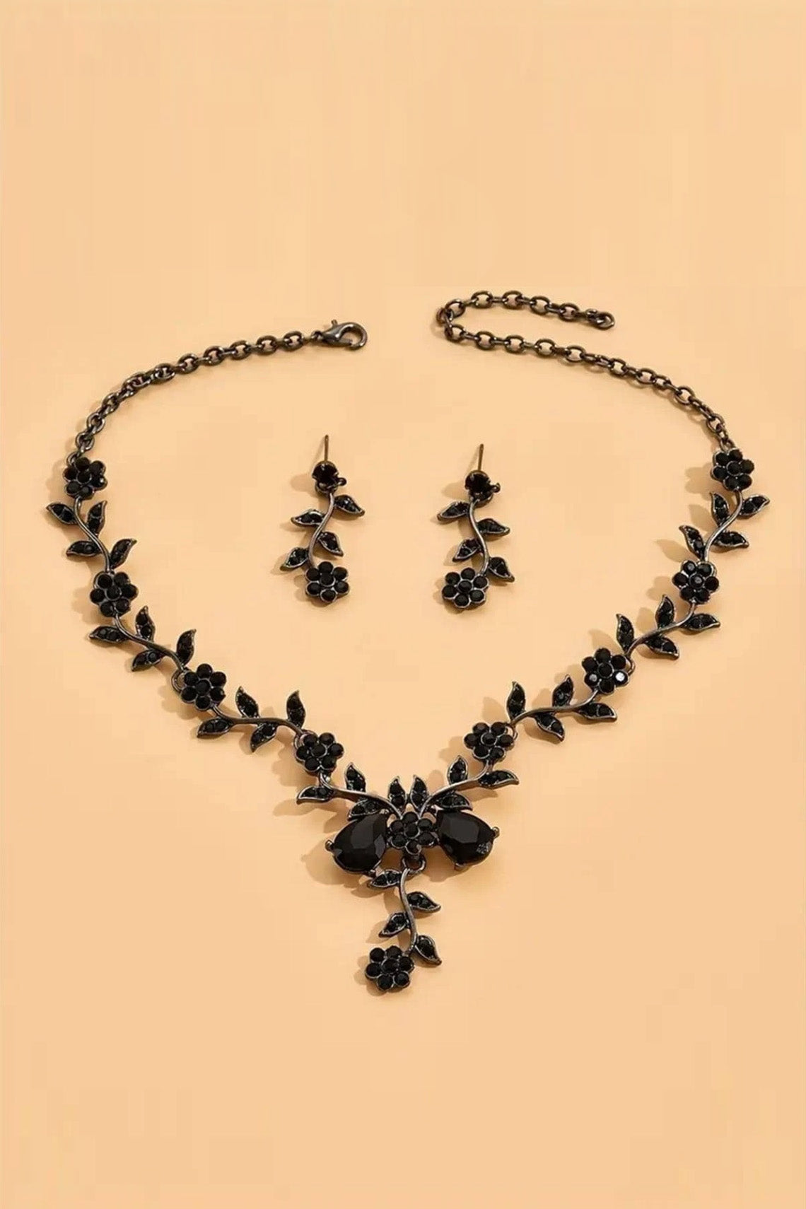 フラワーネックレスピアスセットブラック