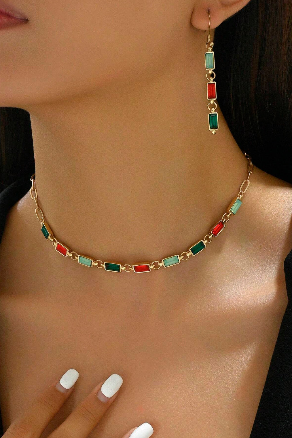 マルチストーンネックレスピアスセット