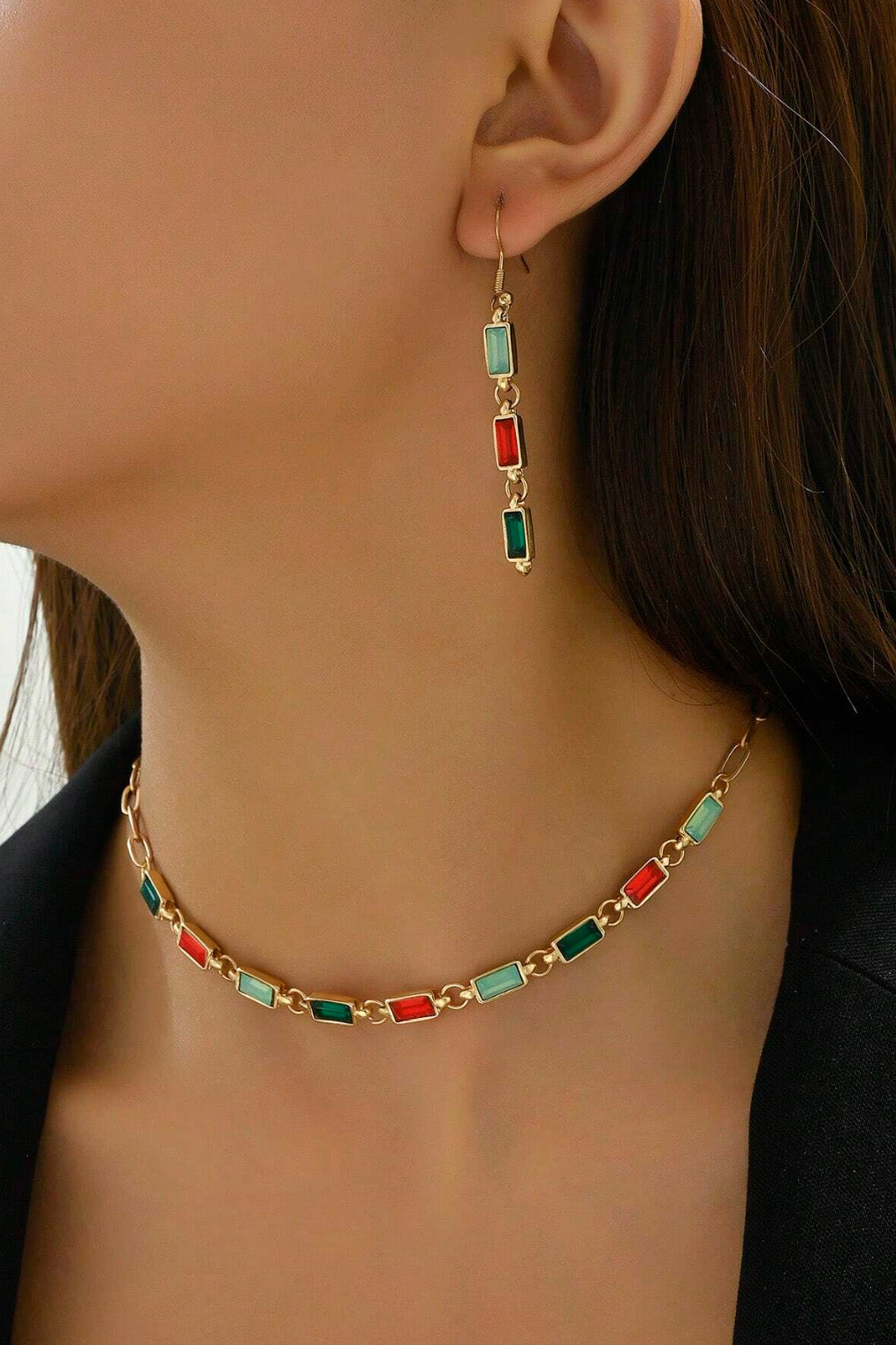 マルチストーンネックレスピアスセット