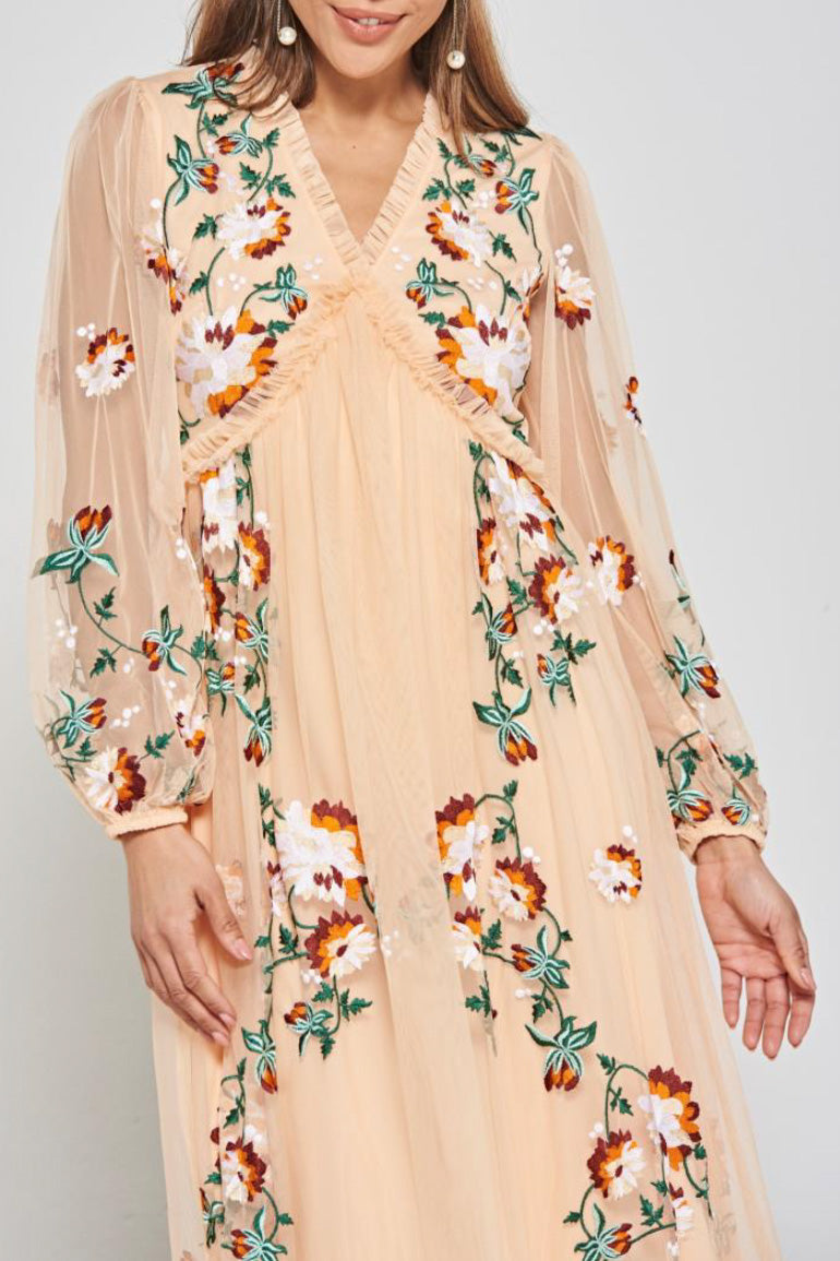 エンブロイダリーブルゾンスリーブロングドレスオレンジMサイズ