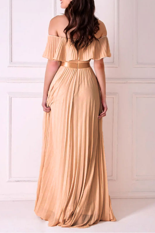 シフォンプリーツオフショルダーロングドレスベージュMサイズ