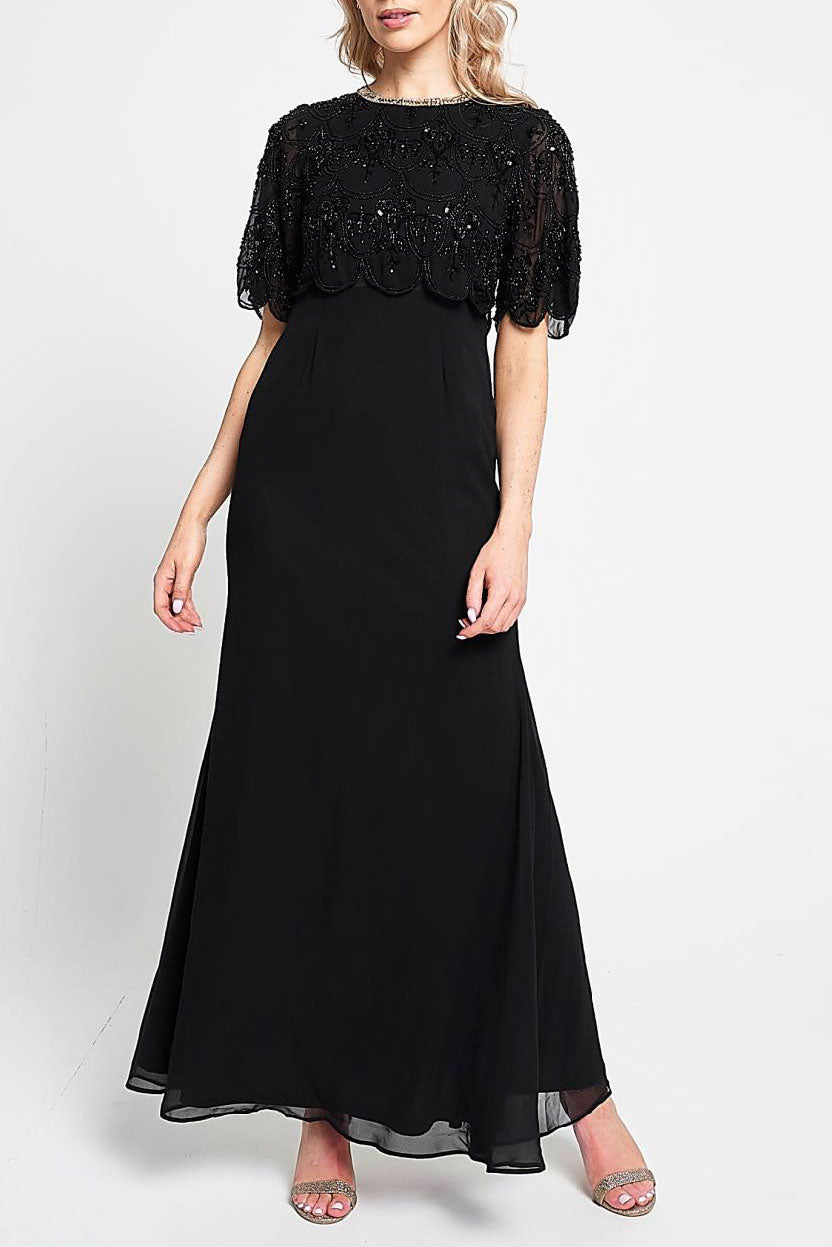 ビジューケープデザインロングドレスブラックMサイズ