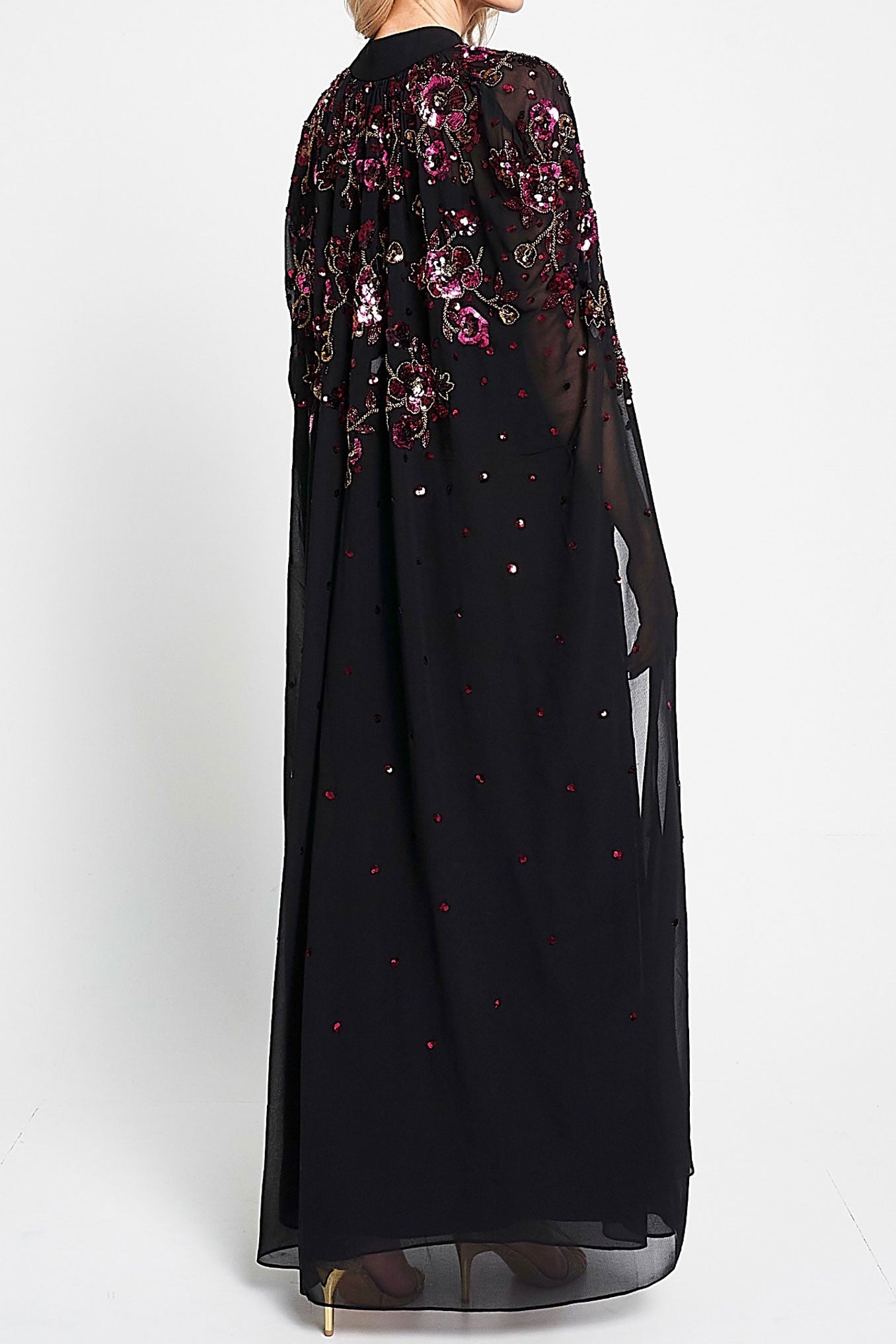 スパンコールケープレットロングドレスブラックMサイズ