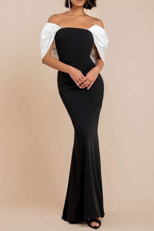 バックサテンボウロングドレスモノトーンSサイズ