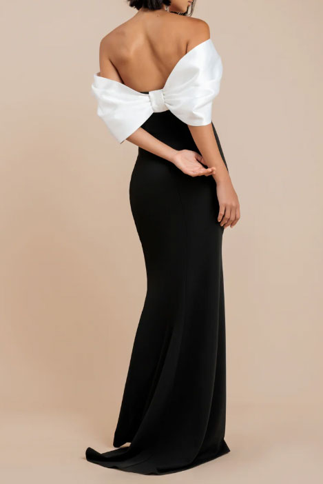 バックサテンボウロングドレスモノトーンSサイズ