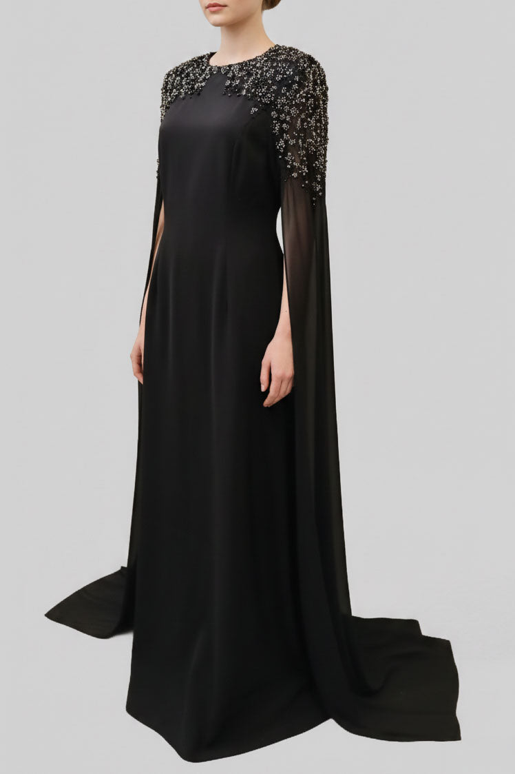 クリスタルビジューケープロングドレスブラックMサイズ