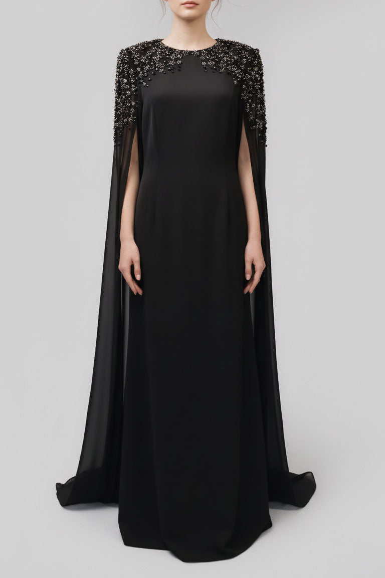 クリスタルビジューケープロングドレスブラックMサイズ