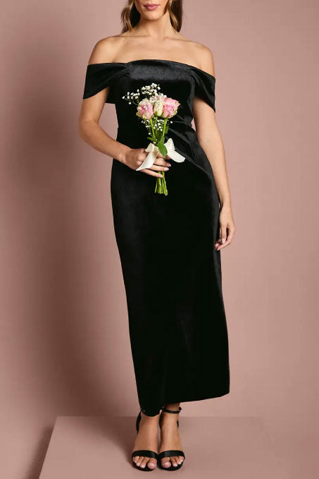 ベルベットオフショルダーマキシドレスブラックSサイズ
