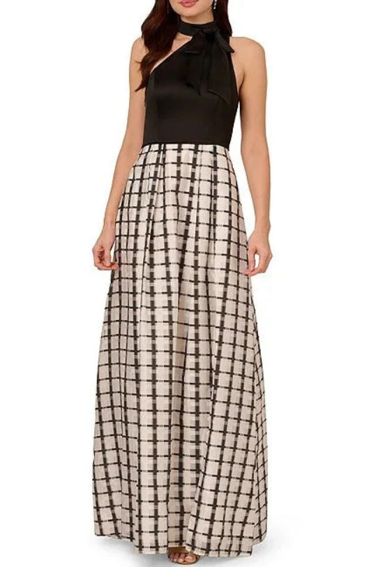 アシンメトリーリボンチェックロングドレスモノトーンMサイズ