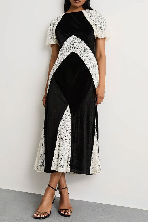 ベルベットクロッシェレースパネルドレスブラックMサイズ