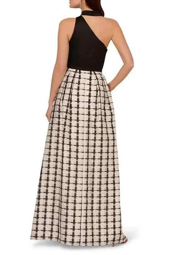 アシンメトリーリボンチェックロングドレスモノトーンMサイズ