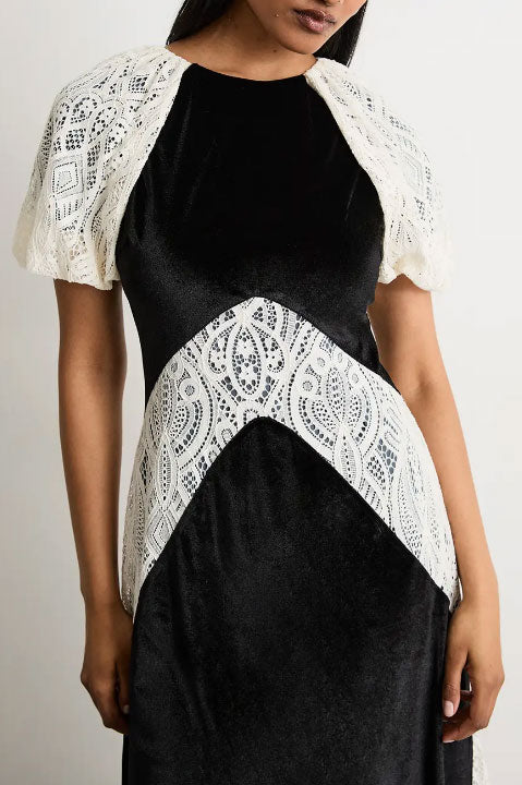 ベルベットクロッシェレースパネルドレスブラックMサイズ