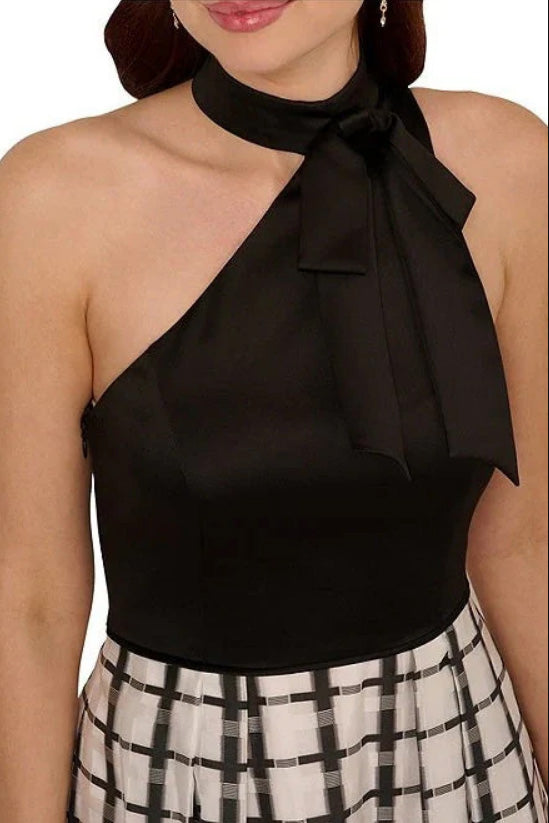 アシンメトリーリボンチェックロングドレスモノトーンMサイズ