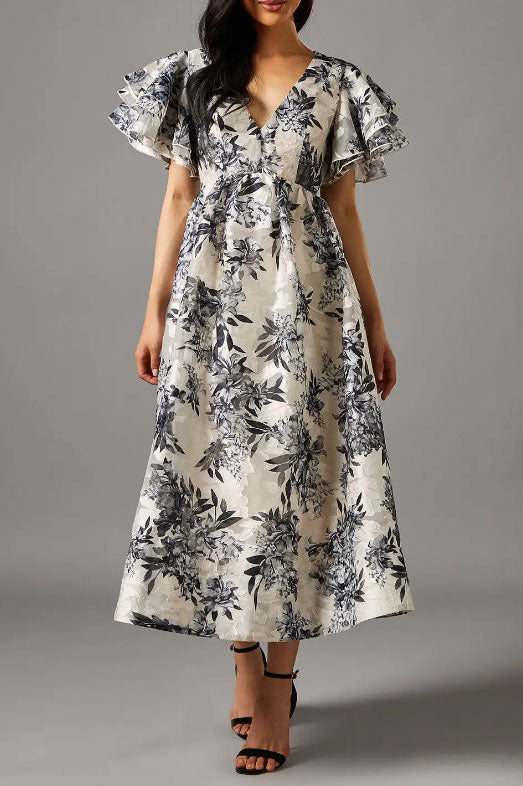 モノトーンフローラルティアードフリルスリーブミディドレスMサイズ