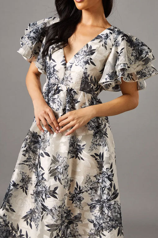 モノトーンフローラルティアードフリルスリーブミディドレスMサイズ