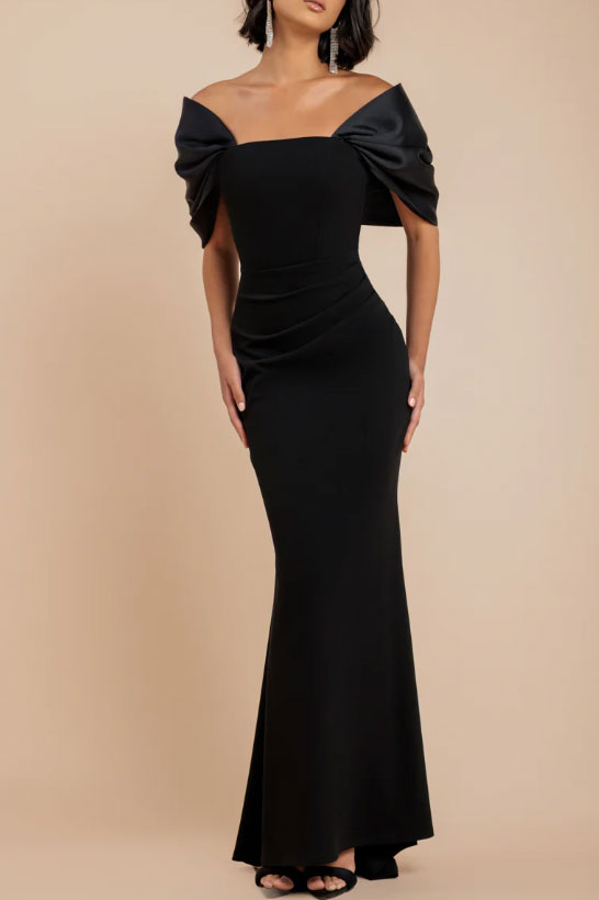 バックサテンボウロングドレスブラックSサイズ