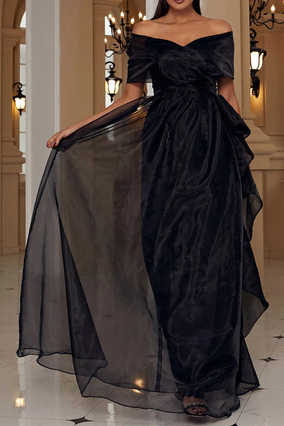 オーガンジーオフショルダーロングドレスブラックSサイズ